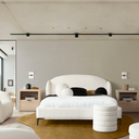 Path Low Profile Eastern King / Queen Bed in Oslo Ivory Fabric w/ Contoured Headboard and Black Metal Leg