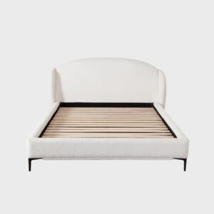 Path Low Profile Eastern King / Queen Bed in Oslo Ivory Fabric w/ Contoured Headboard and Black Metal Leg