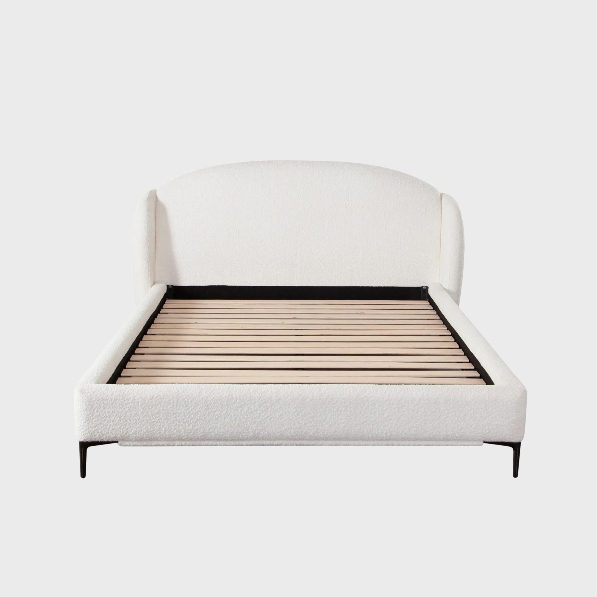 Path Low Profile Eastern King / Queen Bed in Oslo Ivory Fabric w/ Contoured Headboard and Black Metal Leg