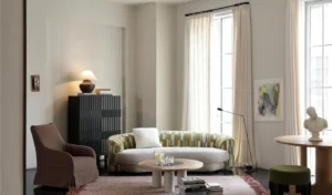 Eclectic modern living room styled with small-space-friendly furniture from Ayla Home Collection