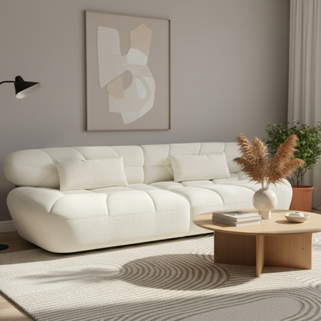 Curved light-colored sofa arranged in a warm modern living room